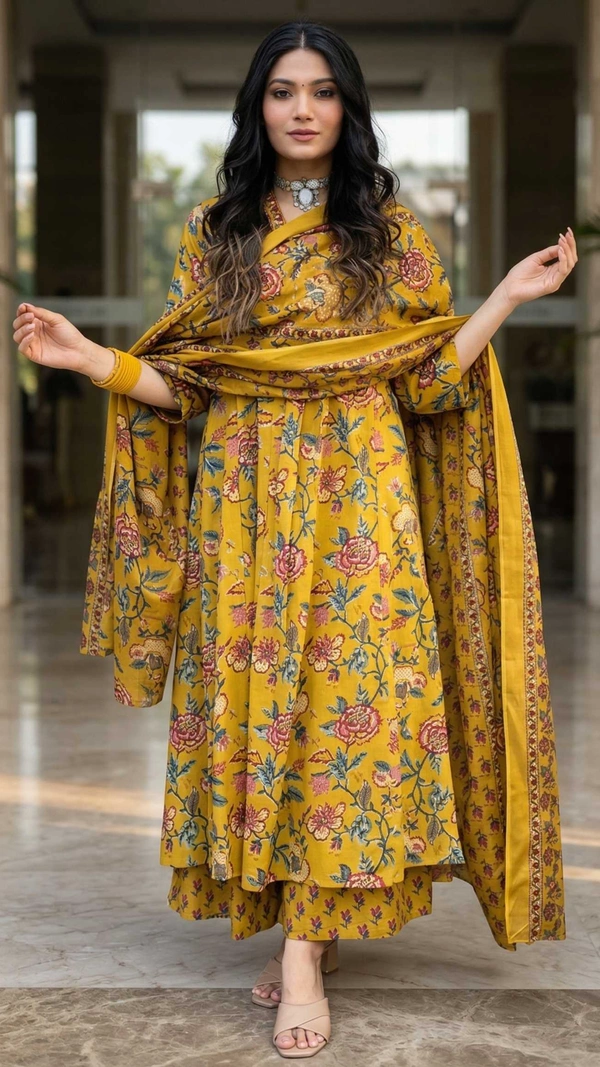 Women Mustard Floral Printed Anarkali Kurta Set With Dupatta